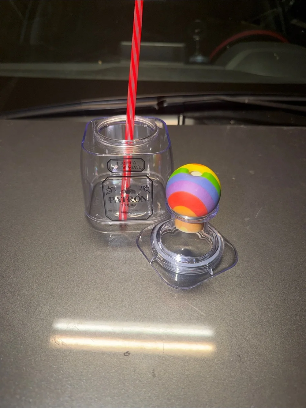 Plastic Patron Inspired Cup wiRainbow Bottle Straw Topper with Red Striped Straw